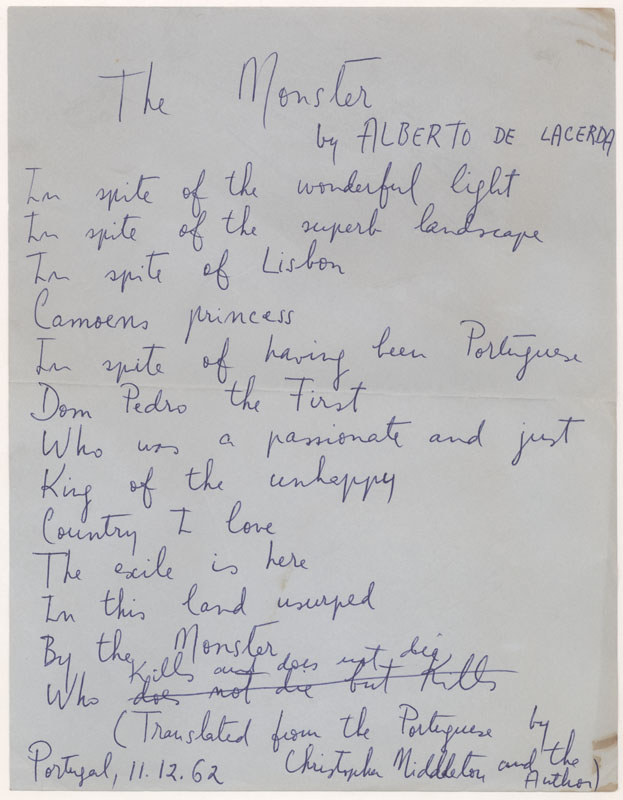 Manuscript of "The Monster" translated by Christopher Middleton and the Author