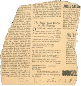 "The Tiger That Walks in My Gestures" as published in the Times Literary Supplement. Identification note "T.L.S. - 28.2.58" added by Alberto de Lacerda