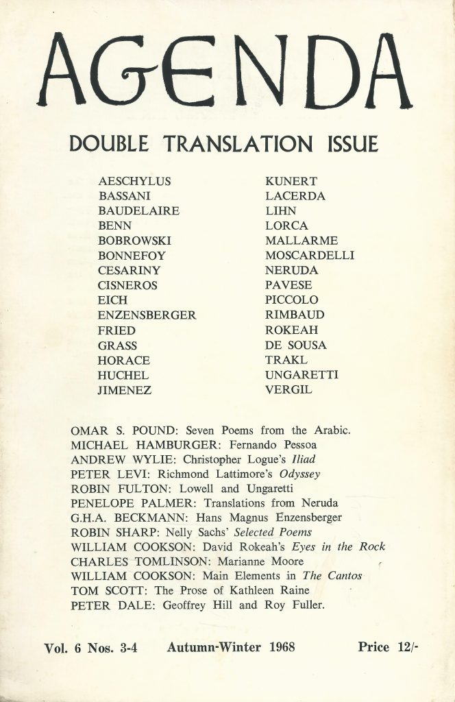 Agenda double translation issue, edited by William Cookson, Vol. 6 Nos. 3-4, London, Autumn-Winter 1968. Includes a poem by Alberto de Lacerda translated by Luís Amorim de Sousa