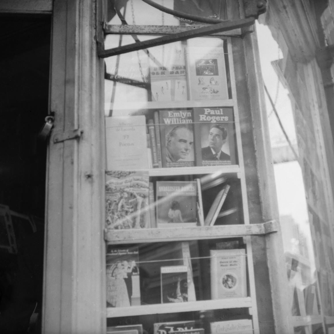 Display window in Cyril Beaumont's store with a copy of 77 Poems, Charing Cross Road, London, 1955 